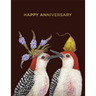 Card with two woodpeckers wearing flower hats and 'Happy Anniversary' text on a dark background