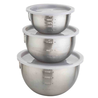 Stainless steel mixing bowl set of three with see through white  plastic lids