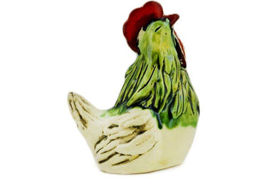Hen Figurine 7" Green Theme. Cream colored chicken with green upper feathers, red comb and wattle Turned right