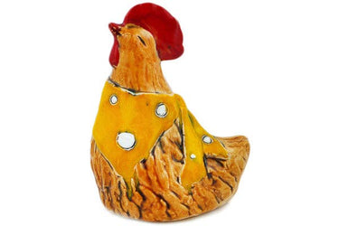 Hen Figurine 7" Yellow Theme. Yellow feathered chicken with yellow and white spotted kerchief tied around neck. Red comb and wattle turned left