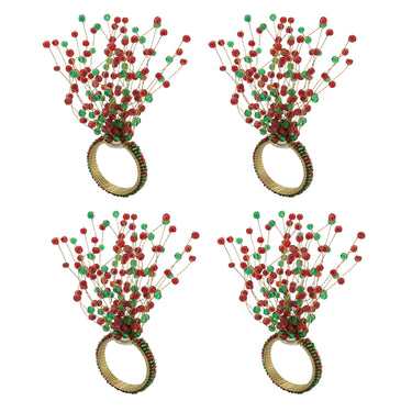 Four identical festive ring-shaped ornaments shown on a plain white background, each with a gold-toned circular base and many thin branches tipped with small red and green beads.