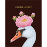 Card with a swan wearing a pink flower crown on a dark background with 'YOU'RE LOVELY' text.