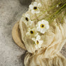 White flowers with yellow centers on a beige fabric and wooden plate against a concrete background