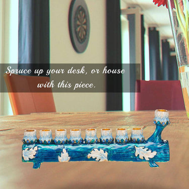 Matashi - Menorah Matashi Hand Painted Blue and Ivory Log Candelabra