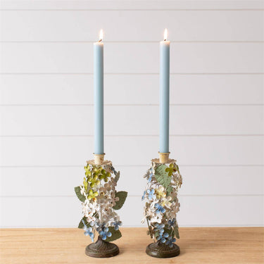 Audrey's Home & Gift - Dainty Metal Hydrangea Candle Holder shown with candles (not included)