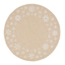 A round beige placemat with a subtle woven texture, decorated with a border of white snowflakes of varying sizes, shown on a solid white background.