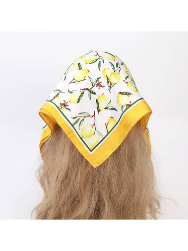 Scarvii Vintage Lemon Tile Print Square Scarf | Yellow Styled as a head wrap