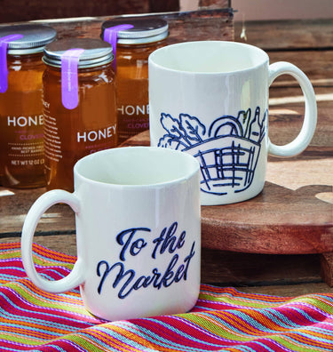 Farmers Market Stoneware Mug | Blue Multi Front and back detail