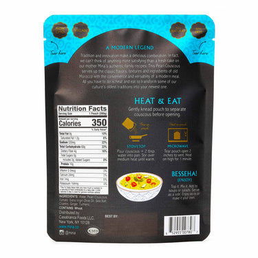 Back of a food packaging with nutritional information, cooking instructions, and branding.
