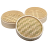 Three bamboo steamers with different designs on a white background