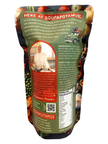 Back of a Soupapotamus product packaging with branding, ingredients list, and QR code.