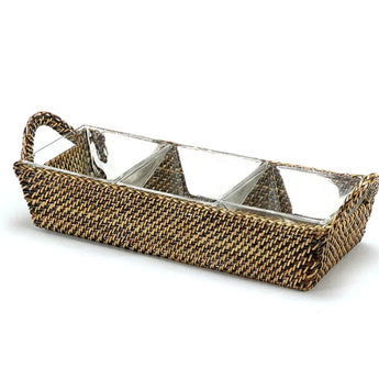 Woven Holder with three sections of glass dishes