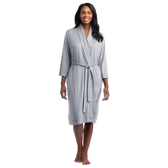 African American woman with long black hair wearing grey shawl collar  knee length comfort robe, tied in the front.