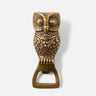 Metal bottle opener in the shape of an owl. Antique brass finish.