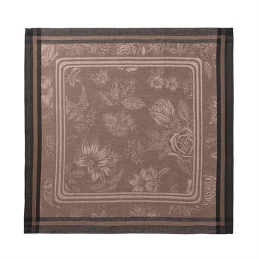 Floral patterned fabric square with a brown border on a white background