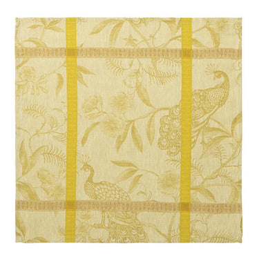 Fabric with peacock and floral pattern on a beige background