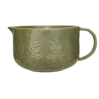 Green stoneware batter bowl debossed with tree motif