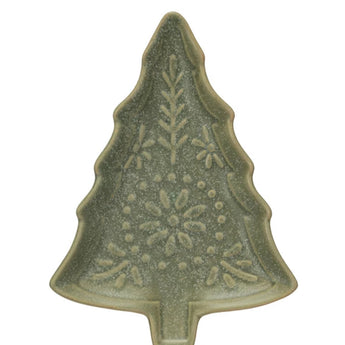 Green stoneware Christmas tree plate with botanical embossed design