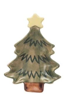 Dark Green stoneware Christmas tree plate with white star, tree is undecorated