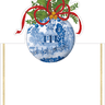 Decorative Christmas ornament with blue and white design, red ribbon, and green holly leaves on a white background.