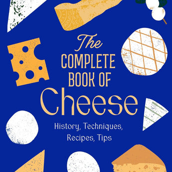 Book cover art is graphic designs of various cheeses on a blue background.