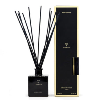 Diffuser bottle and packaging, Black in color with tan lettering with Company Logo & Fragrance.