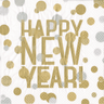 Gold 'Happy New Year!' text with confetti on a white background