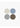 Four circular fabric swatches arranged in a 2x2 grid on a plain white background, showing textured material options in off-white, dusty blue, light gray, and dark brown.