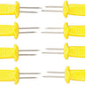 Harold Imports set of 8 easy-grip corn picks. Picks are yellow, shaped like corn cobs and feature two pronged skewers on each.