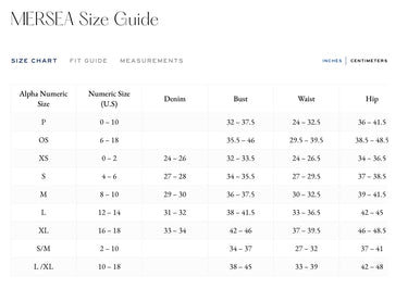 A size chart table titled 'MERSEA Size Guide' with columns for Alpha Numeric Size, Numeric Size (U.S.
