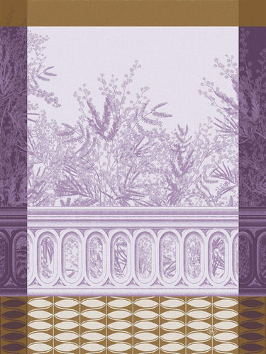A rectangular tea towel featuring a purple and toile-style botanical pattern with an arched window motif and decorative border.