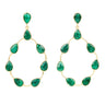 A pair of gold-tone drop earrings featuring multiple teardrop-shaped emerald green gemstones set in a circular openwork design, shown against a plain white background.
