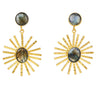 A pair of gold drop earrings featuring oval labradorite stones at the top and a larger sunburst-style oval labradorite centerpiece with radiating textured gold rays, shown on a plain white background.
