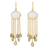 A pair of gold dangle earrings with oval white inlays and multiple dangling teardrop-shaped clear stones, shown on a plain white background.