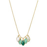 A gold chain necklace featuring five marquise-cut gemstones in a cluster pendant, including three emerald green stones and two milky white stones, shown on a plain white background.