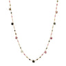 A delicate gold chain necklace featuring irregular, multi-colored gemstone beads in pink, green, brown, and black, displayed on a clean white background.