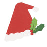 Red Santa hat with white trim and a green holly leaf on a white background