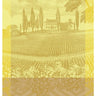 Le Jacquard Francais tea towel Vignoble in yellow depicting an estate flanked by cypress trees in front of which is a field, grapes, and patterned border.