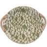 Hand-made ceramic platter with light green leaf inlay design and natural edging. Features natural clay handles. 