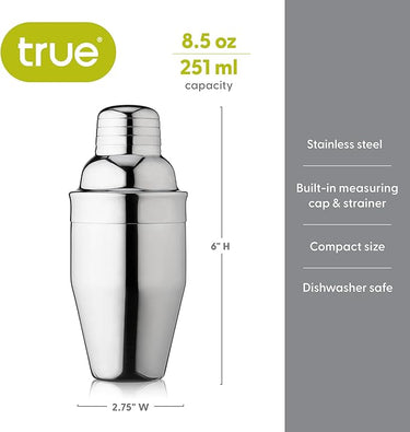 Measurements for 8.5 Stainless Steel Cocktail Shaker. It measures 6”H x 2.75”W