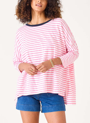 Catalina Slub Tee Petite Collection White with pink stripe and navy ringer collar