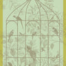 Sonate Tea Towel Collection Shown in Green colorway. Towel features several exotic birds sitting on an outline of a large aviary. The background is vegetation with leaves, flowers and fruit.