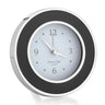 Round clock with black rim and white face on a white background