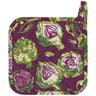 Artichoke Potholder features whole and halved artichokes against a plum colored background