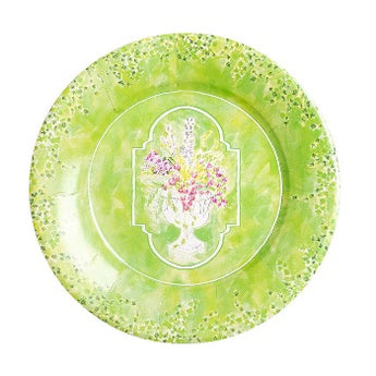 Bright citrine dinner plate with purple and pink flowers