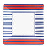White square dinner plate with blue and red stripes