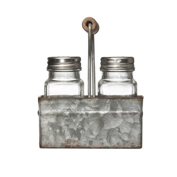 Salt and Pepper Shaker in Metal Caddy with Wood Handle