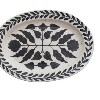 Matte black and floral stoneware platter