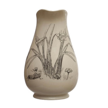 White and charcoal graphic vase featuring flowers and insects