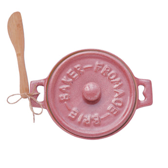 Pink Stoneware Brie Baker with Lid and  Bamboo Spreader